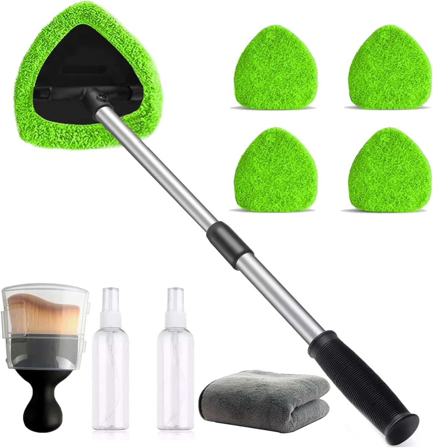 Car Windshield Cleaning Tools, Expandable Car Window Cleaner kit with 4 Reusable Microfiber Pads, Windshield Cleaning Wand Tool, Auto Interior Dust Brush, for Trucks, SUVs, RVs etc