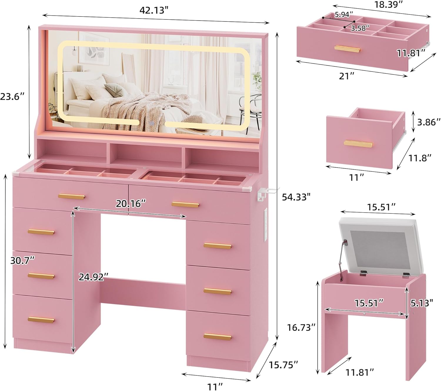 GarveeHome Makeup Vanity Desk with LED Mirror & Charging Station, 42" Dressing Table with Cushioned Stool, Glass Top & 8 Drawers & Hairdryer Rack, for Modern Bedroom Dressing Room, Pink