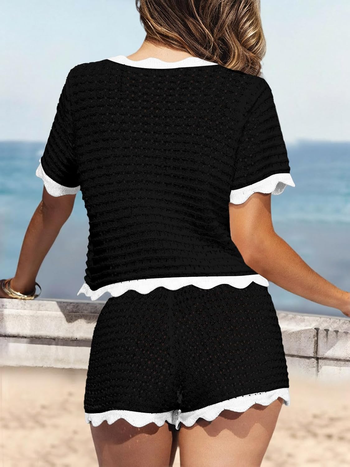 Fisoew Womens 2 Piece Swimsuit Crochet Cover Up Short Sleeve Tops Tie Front Shorts Sets Summer Beach Vacation Outfit