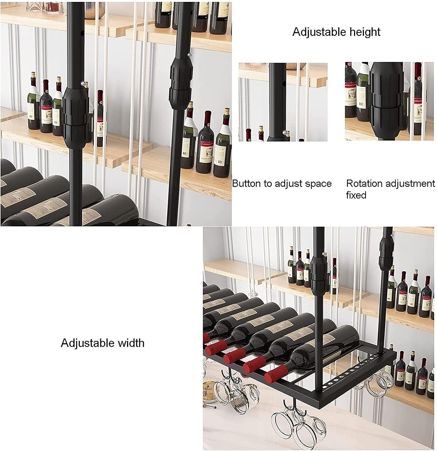 European Hanging Wine Glass Rack Adjustable Height Ceiling Decoration Shelf for Wine Glass and Bottle Storage Big Capacity and Easy to Install Gold Finish 100 Bottle Capa