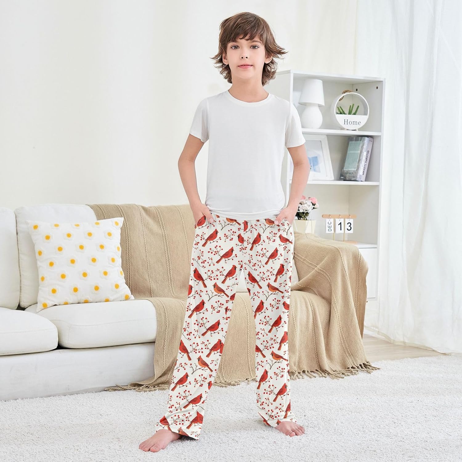 Pfrewn Christmas Winter Pajama Pants Winter Cardinal Berry Red Sleep Pjs Lounge Pajama Bottoms L