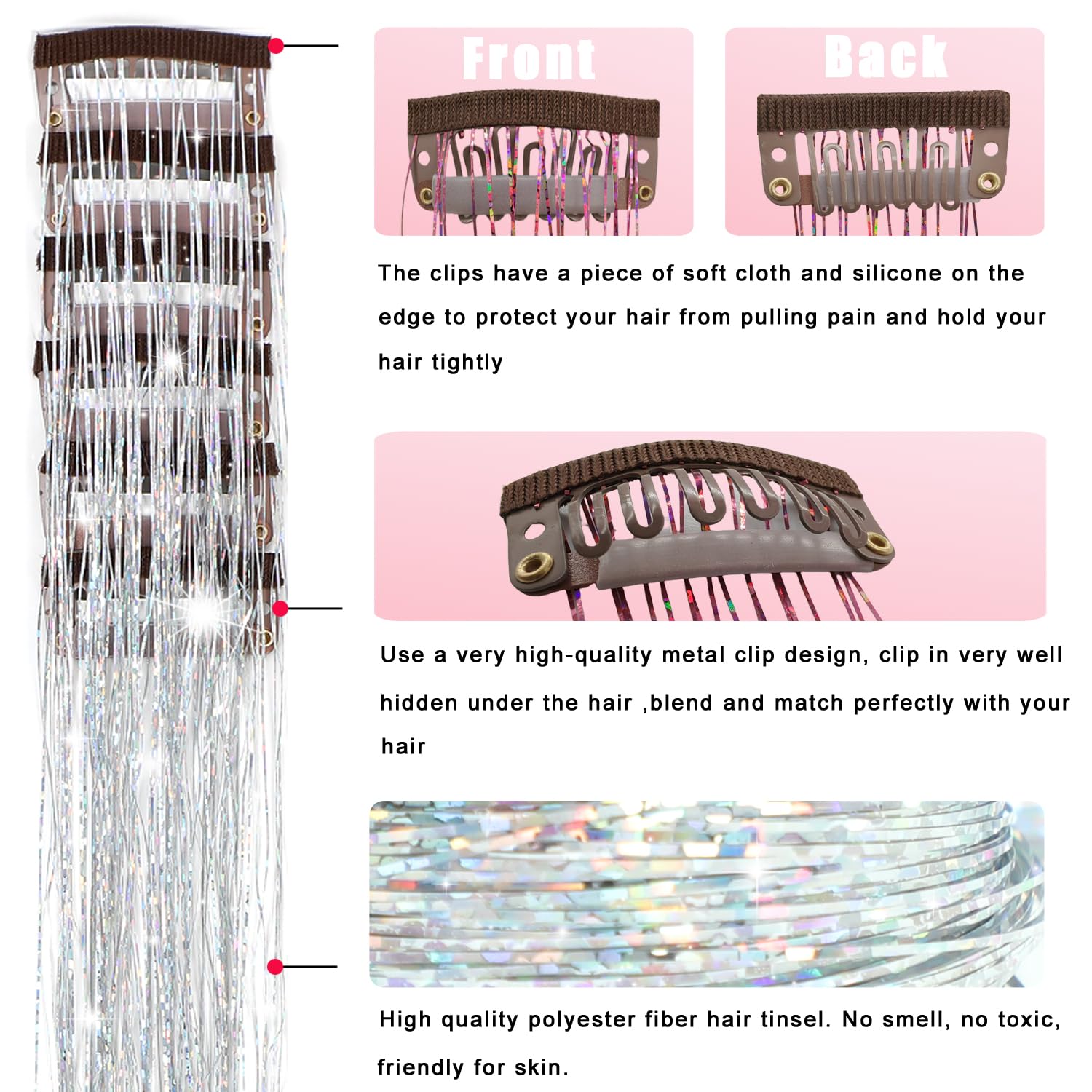 Paquete de 18 extensiones de cabello de oropel con clip de oropel con purpurina de 20.5 pulgadas, kit de oropel para fiesta, festival, accesorios para el cabello de hada para niñas, mujeres y 4