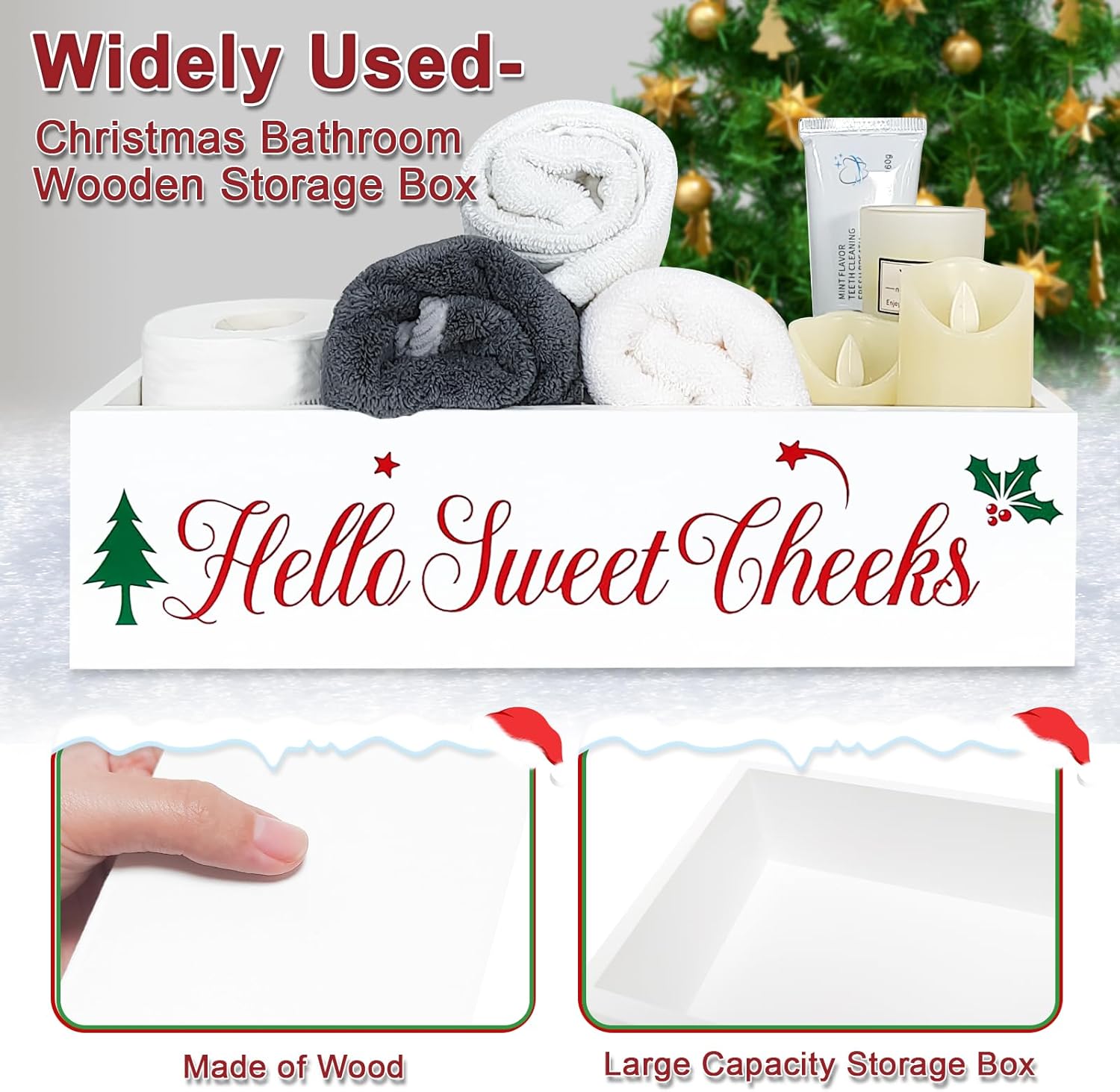 Funny Christmas Bathroom Decor Wooden Storage Box Farmhouse Christmas Decor Toilet Paper Holder Holiday Toilet Paper Holder with Xmas Tree for Bathroom Toilet Tank Organizer Storage Box Xmas Gift