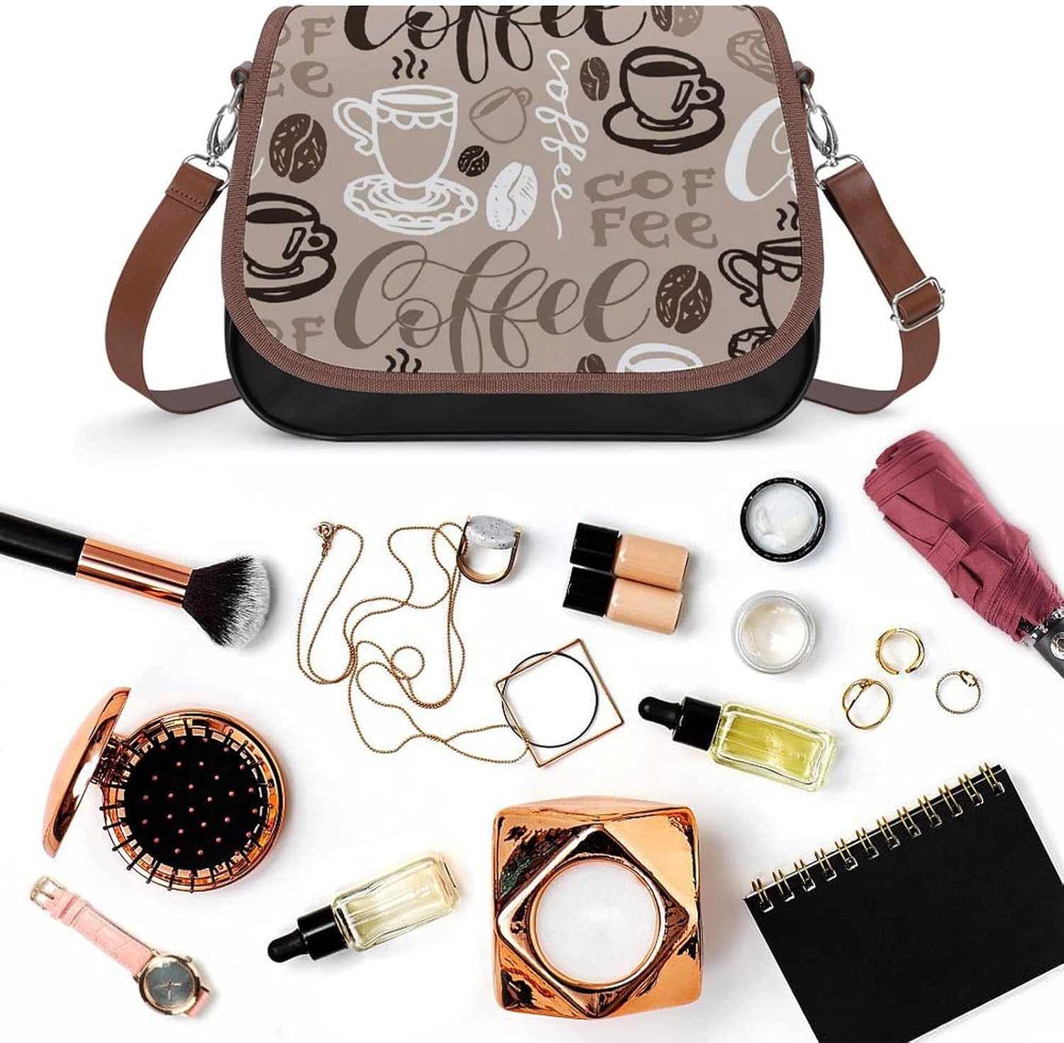 Brown Coffee Maker Beans ThemeWomen's Faux Leather Crossbody Bag, Waterproof Wrinkle-Resistant Shoulder Bag with Detachable Strap, Large Capacity Casual Handbag, Fashion Daily Purse for Shopping Work