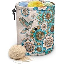 LJMKZJN Boho Flower Hummingbird Print Yarn Storage Portable Bags, Knitting Bag, Small Size Knitting Projects Organizer for Yarns, Drawstring Storage Bag with Yarn Holes