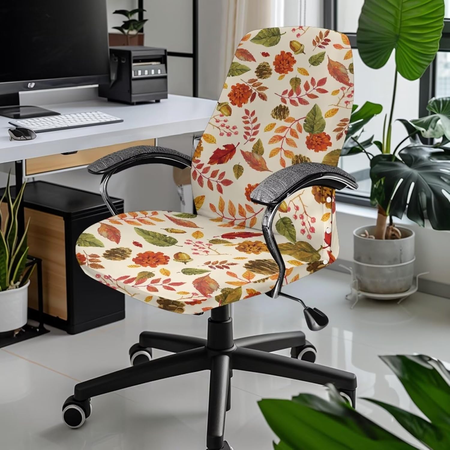Washable Office Chair Slipcover Stretchable Computer Chair Cover Removable Rotating Desk Cover Slipcover for Boss Executive Decor, L, Fall Leaves Pine Cones Print