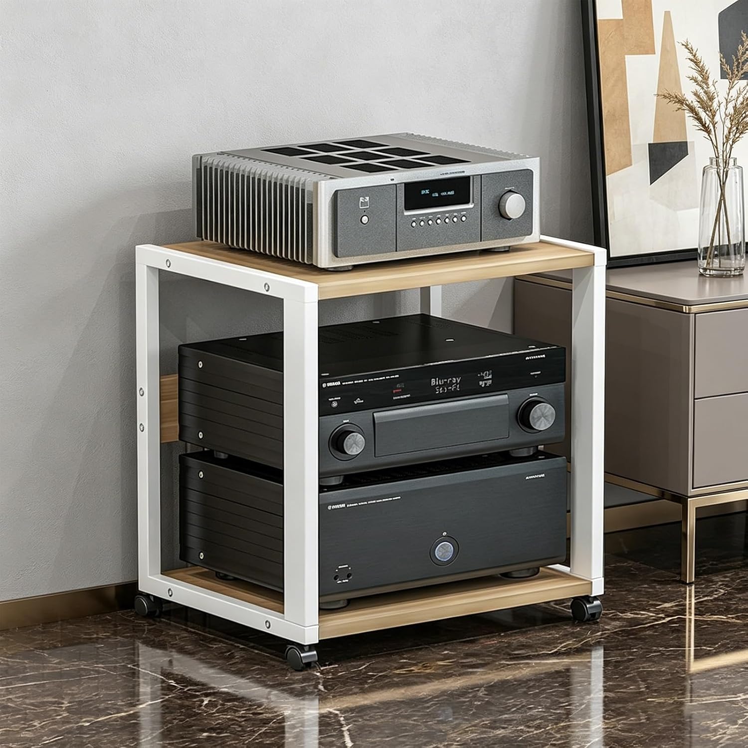 CD DVD Record Player Stand,Multi-Layer Console Cabinet,Modern Bedroom Stereo Stand,Storage for Entertainment Stereo Component,Media Console Stand.(White,50 * 40 * 49cm)