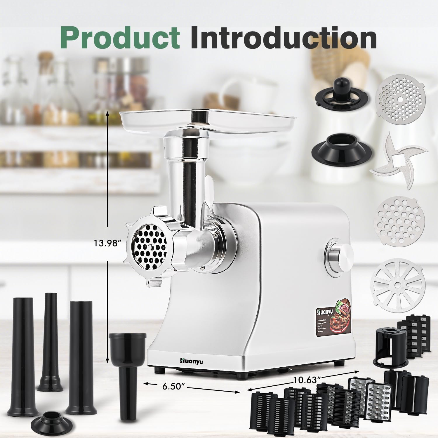 Huanyu Meat Grinder Electric 2800W Vegetable Shredder with 5 Sets Stainless Steel Blades,French Fry Blade,3 Sausage Stuffers,Kubbe Kits,Heavy Duty Grinding Machine for Home Kitchen & Commercial Using