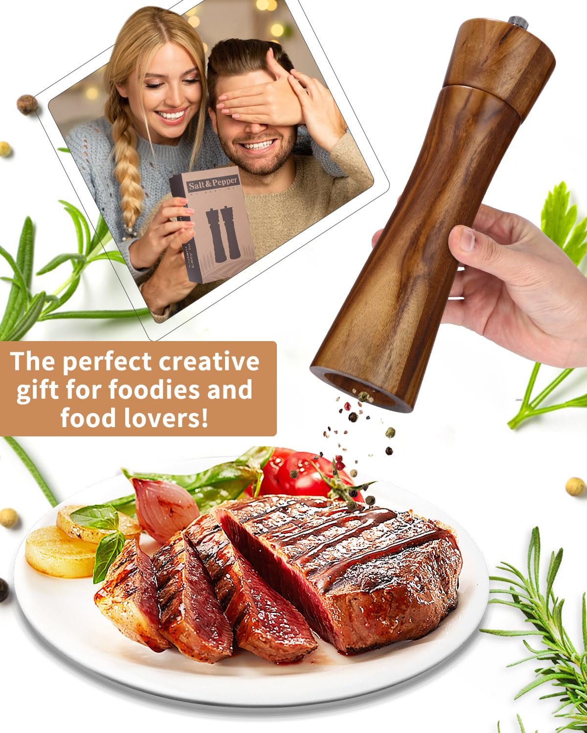 Juego de 2 molinillos de sal y pimienta de madera, molinillo de especias con mecanismo de cerámica, salero y pimentero con plato, molinillo de pimienta, ajustable para especias, pimienta, sal, juego
