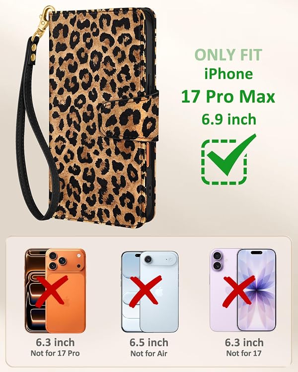 Toycamp for iPhone 17 Pro Max Wallet Case with Wrist Strap - Leather Flip Folio Phone Case with RFID Blocking 4 Card Holder for Apple for iPhone 17 Pro Max Funda Cute Aesthetic for Women, Leopard by Toycamp - Used condition - Image 2