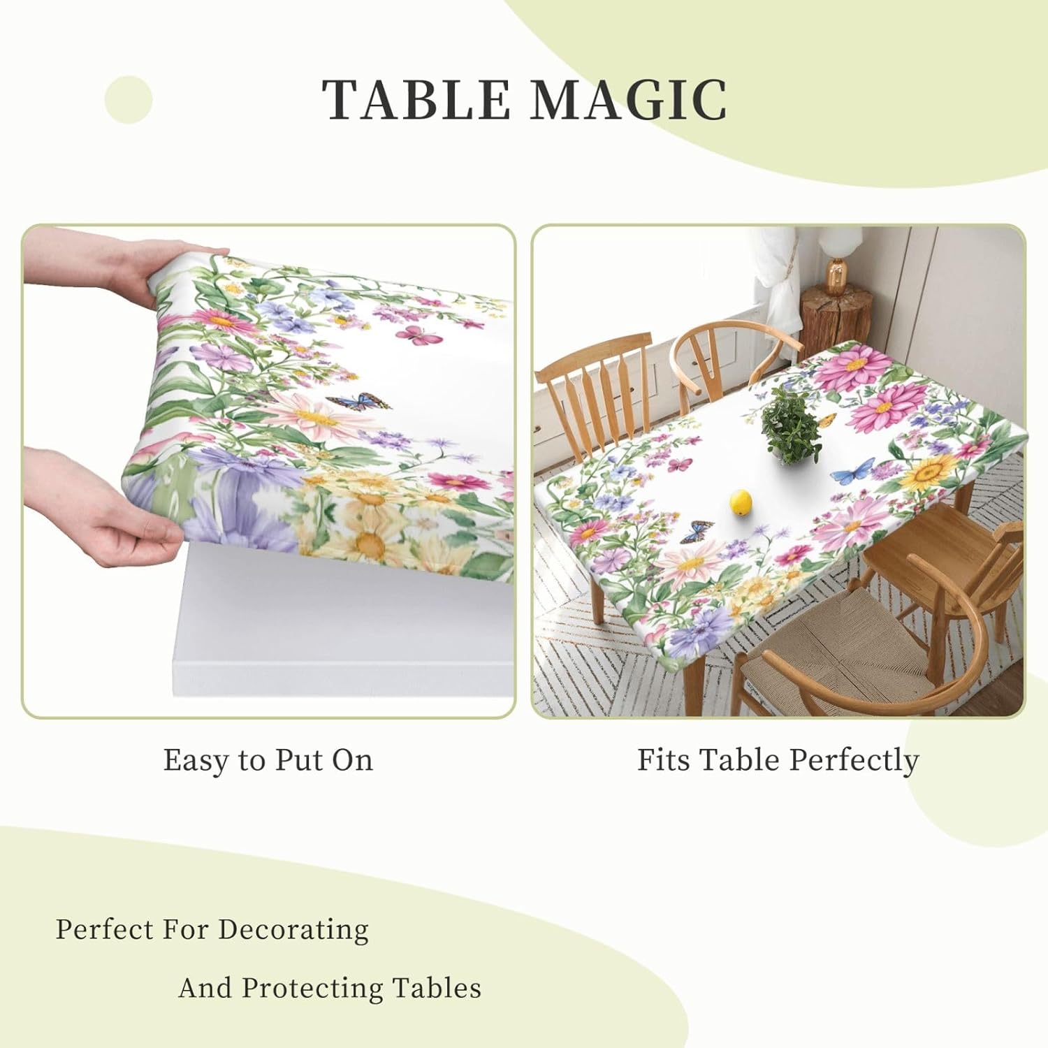 Spring Florals Rectangle Fitted Tablecloth with Elastic Tablecloth 30" x 60" Fitted Table Cover Waterproof Wipeable, Rectangular Table Cloth Fit 5 Foot Tables for Outdoor Picnic