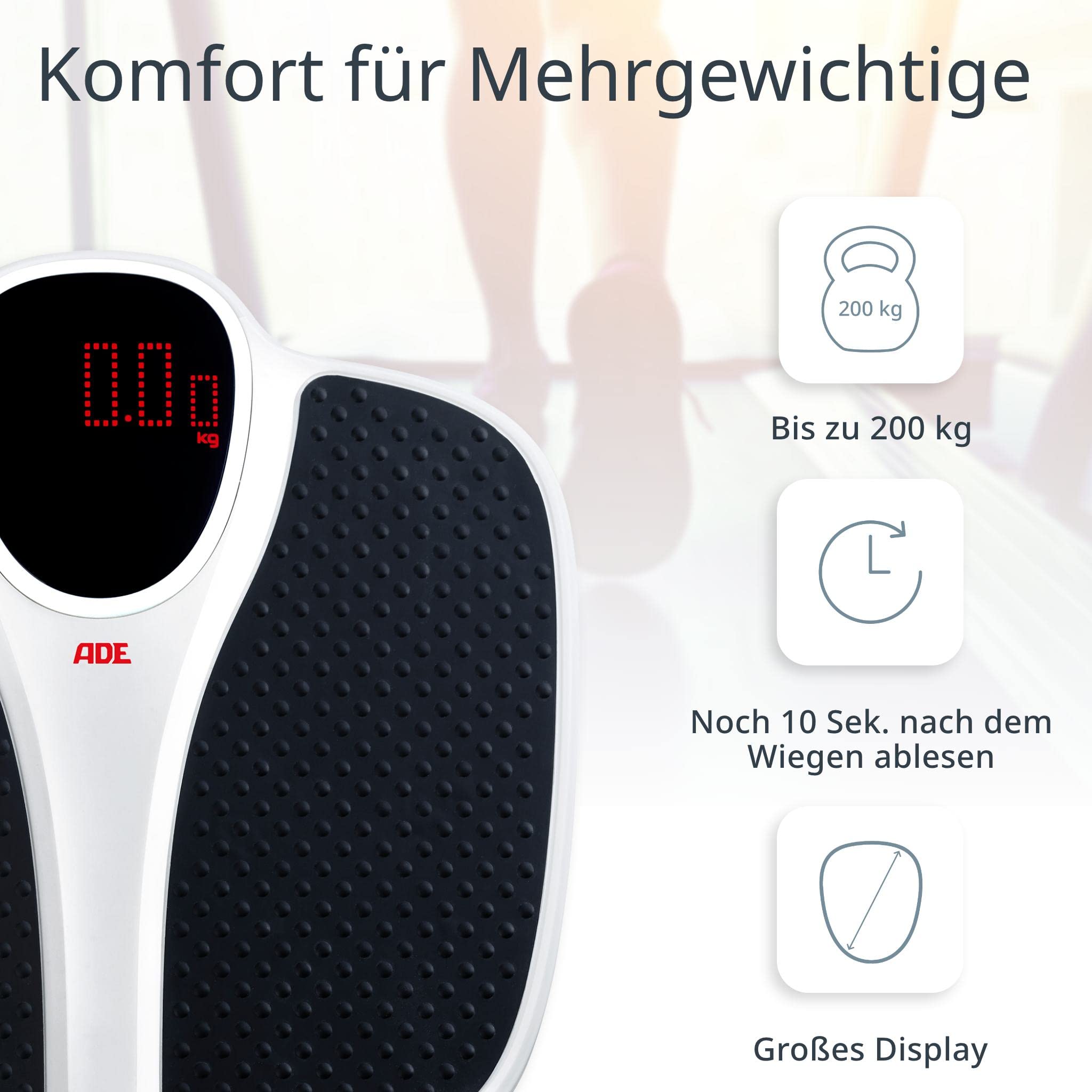 ADE Digitale Personenwaage bis 200 kg | extra breite Wiegefläche mit rutschfester Gummimatte | Badezimmer Körperwaage mit großem Display | Profi Waage mit hoher Tragkraft