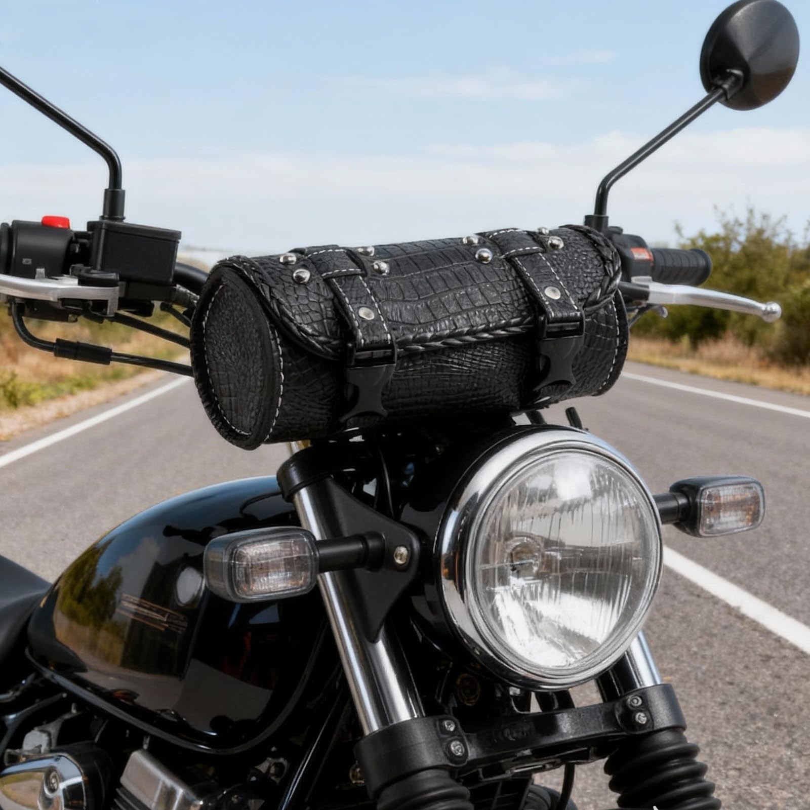 Bolsa de Herramientas para Manillar de Moto Universal con Cierre rápido de Piel sintética de cocodrilo, Bolsa de Herramientas Impermeable con 2 Correas de fijación