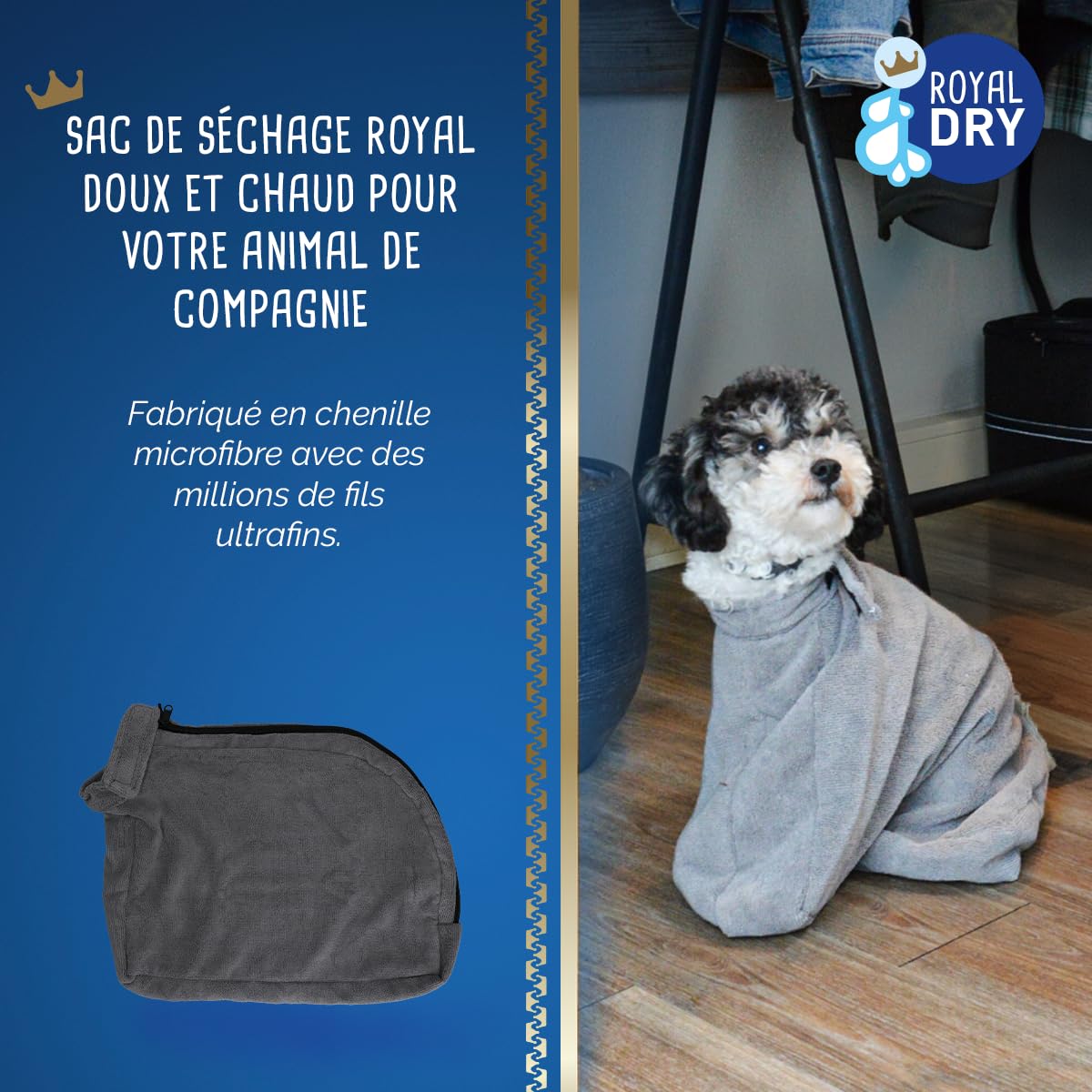 Doggybag – Sac de séchage pour Chien en Microfibre – Taille XS – Longueur de Dos 30 cm – Serviette pour Chien – Ultra Absorbant et à séchage Rapide avec Fermeture Velcro – Gris