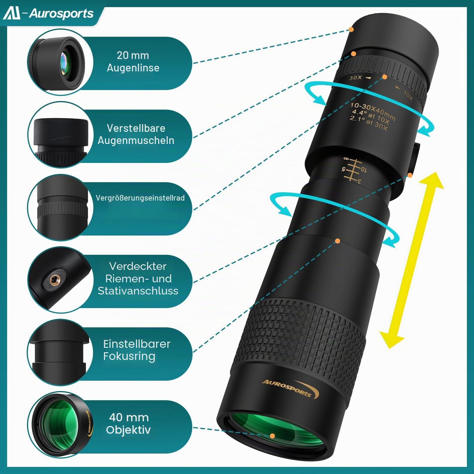Aurosports 10-30x40 Zoom Monokular Teleskop Erwachsene, Bak4 Prisma Dual Fokus Fernrohr Kompakt Monokulare für Wildtiere Vogelbeobachtung Wandern Jagd Camping,Geschenke für Männer