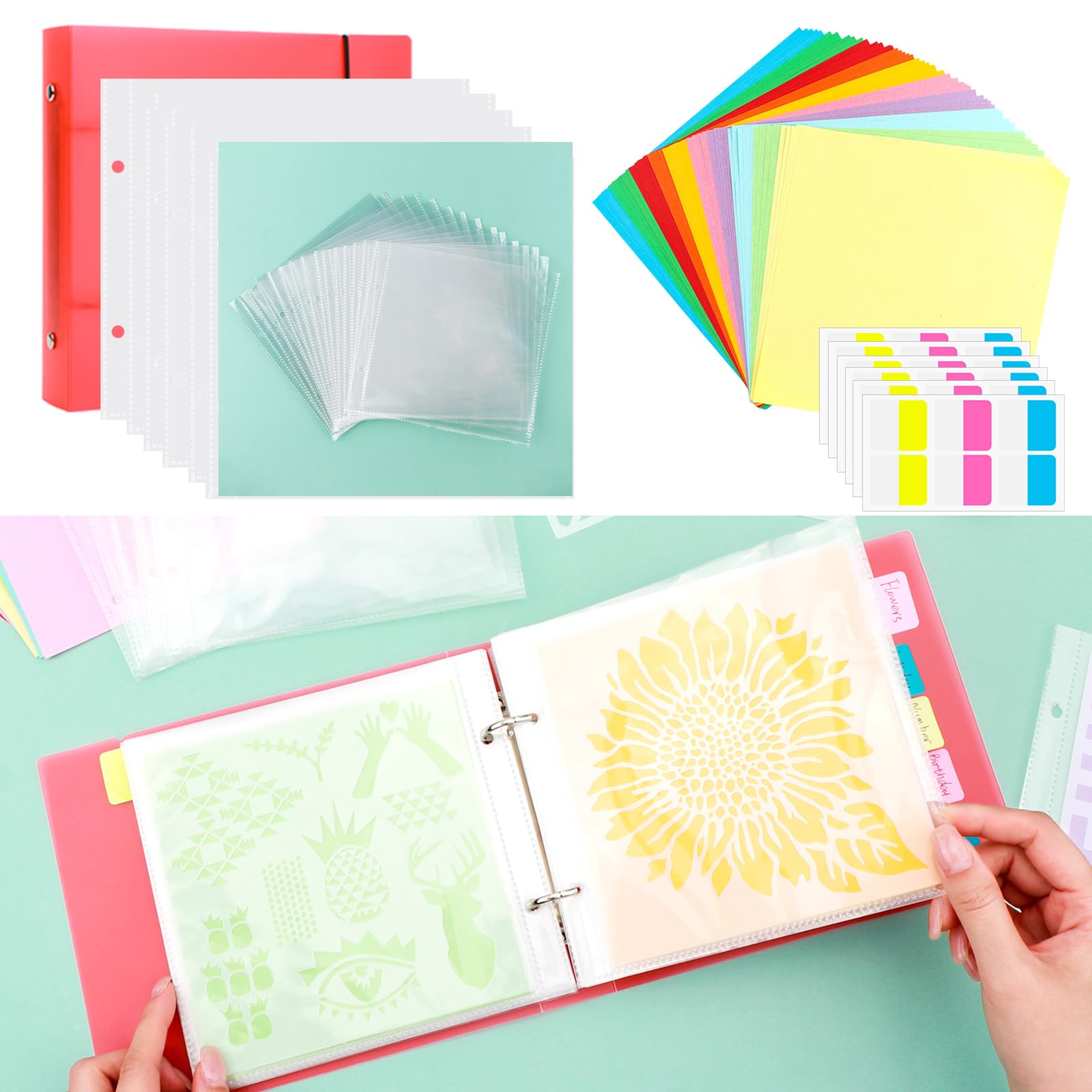 Cookie Stencil Storage Binder for Storage 6x6inch Stencils,Die Cuts,DIY Scrapbooking,Clear Stamp,Storage Folder Organizer Include 1 Red Cover,50 Sleeve,50 Backing Paper and 10 Sheets Divider Tabs