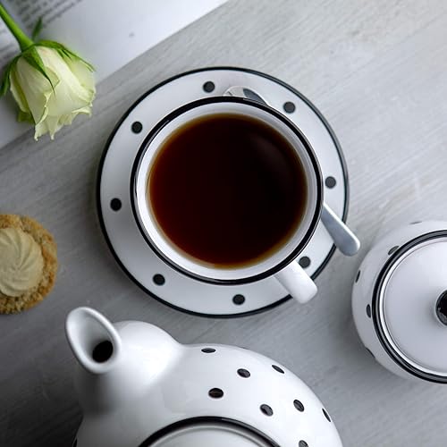 Miniatura 3 de City to Cottage Taza y platillo de café capuchino de cerámica grande de lunares blancos y negros hechos a mano de 12 onzas / 11.8 fl oz, regalo de