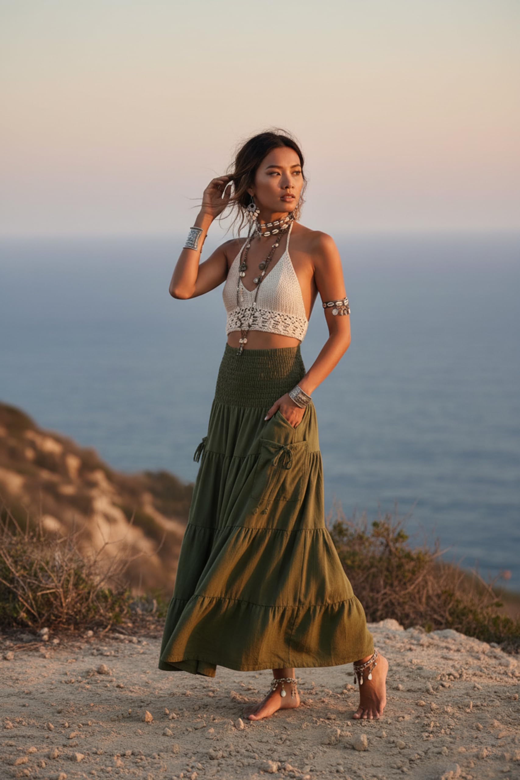 Thaluta Gonna Maxi Bohémien, con Tasche Lunghe, in Cotone, Stile Hippie, Bohémien, Vita Elasticizzata, Gonna Gitana