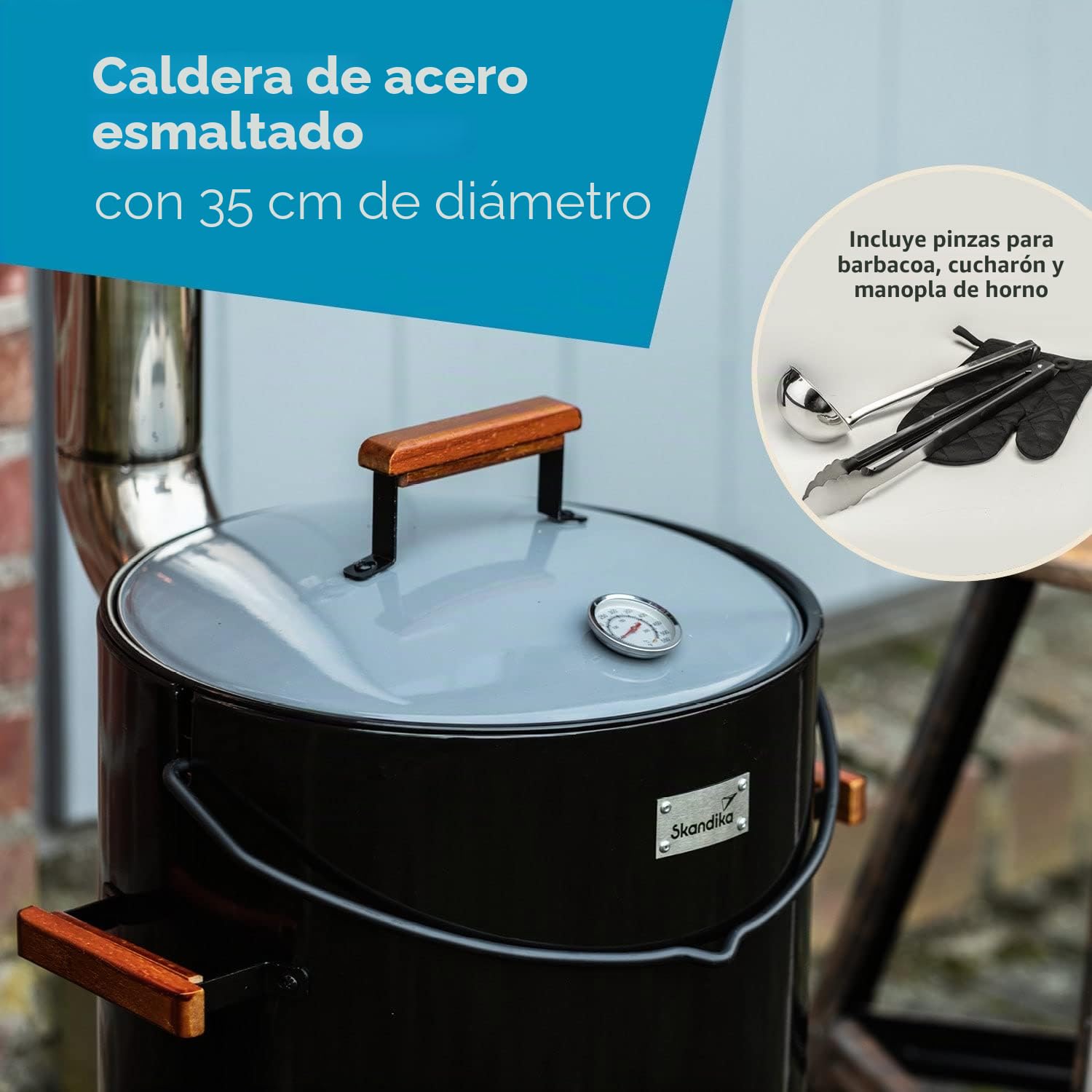 Skandika Olla/Horno Húngaro para 14 litros, termómetro en la tapa, accesorios, cucharón sopa, guante horno, pinzas y parrilla para barbacoa, asas de madera, tubo de chimenea variable