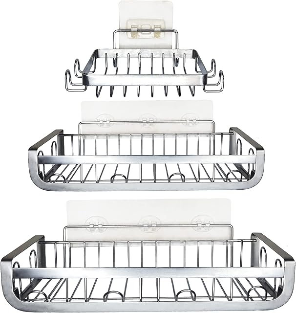 SUS 304 Stainless Steel Shower Caddy Bathroom Shelves with Soap Dish and Bathroom Accessory. Rustproof Shower Storage Organizer comes with Adhesive Non Drilling pads - A Pack of 3 with extra Hooks