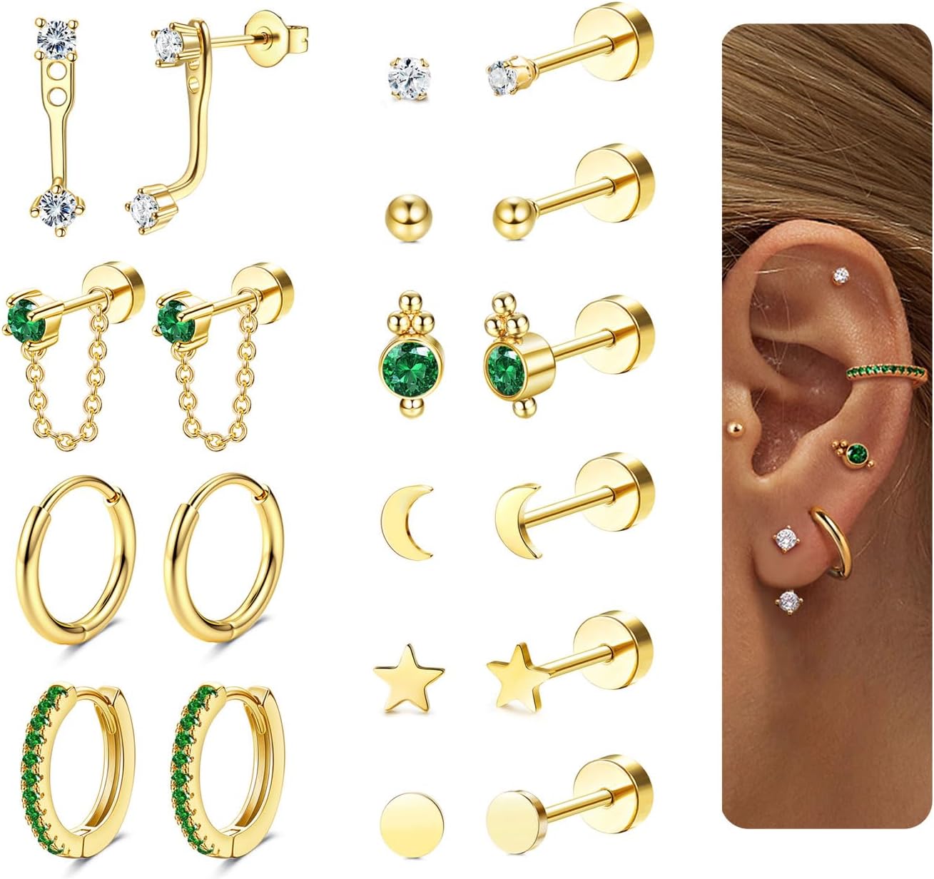 Hypoallergenic Flat Back Earrings for Women-Cartilage Earring Sets for Multiple Piercing 20G Surgical Stainless Steel Earring Stacks Small Hoop Flatback Stud Earrings