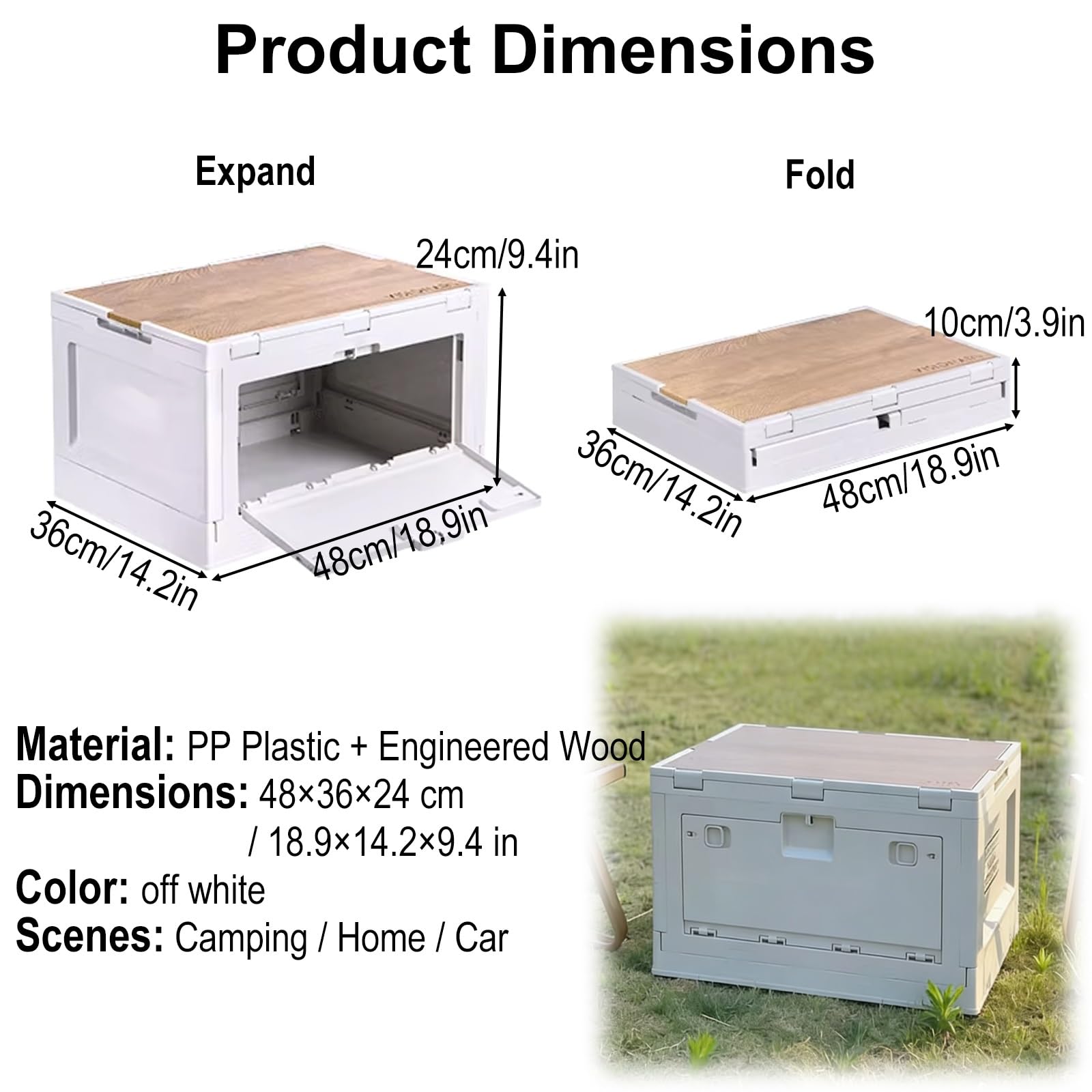 Caja de almacenamiento plegable para acampar Caja de Almacenamiento Plegable para Camping Que Ahorra Espacio, Contenedor de Plástico con Apertura Lateral(Black,48x36x24cm/18.9x14.2x9.4in)
