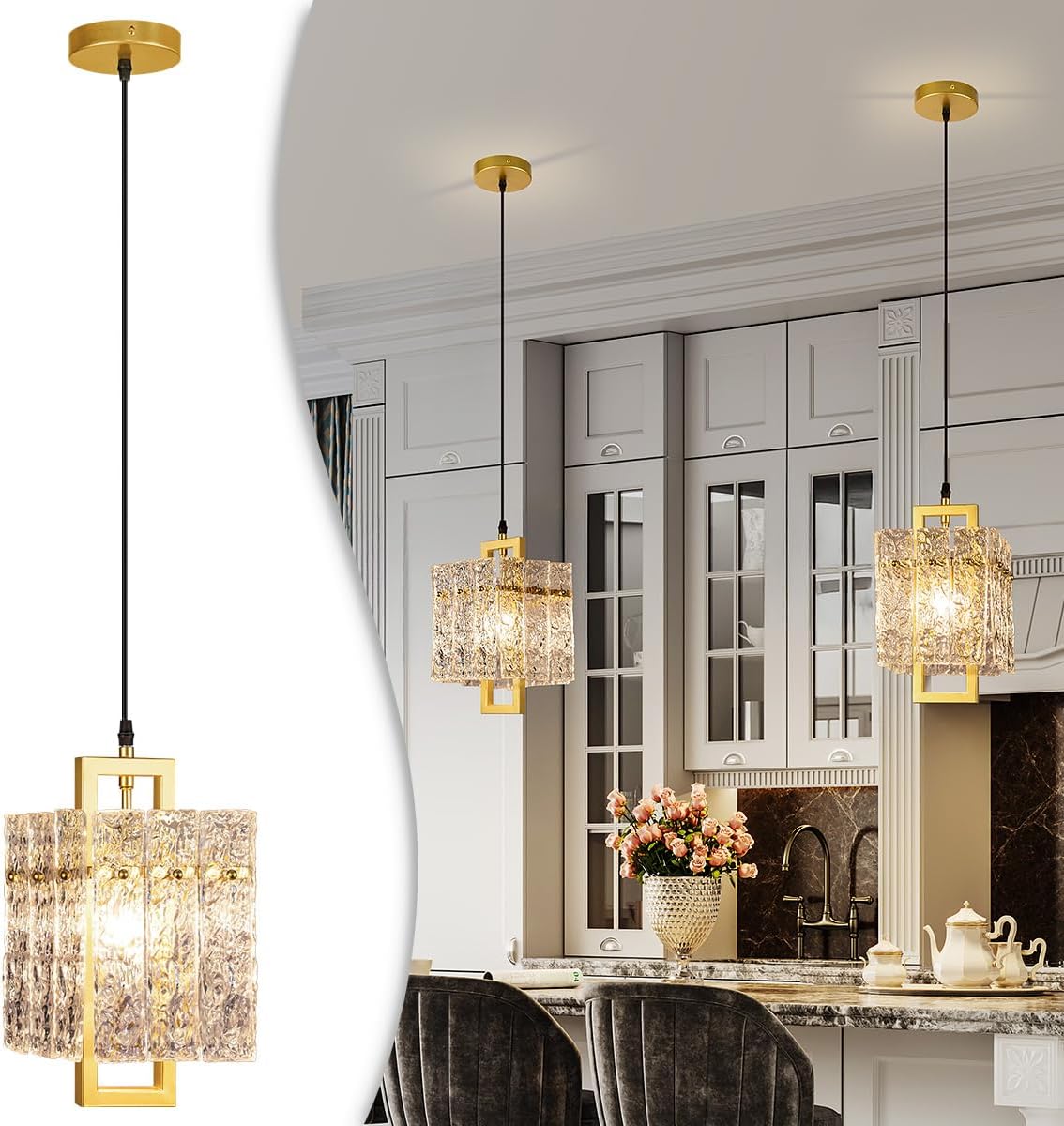 Soilsiu Modern Glass Pendant Light for Kitchen Island, Gold Dining Room Light Fixture, Modern Adjustable Pendant Lighting for Bedroom Decor, L6.5 x H11.8