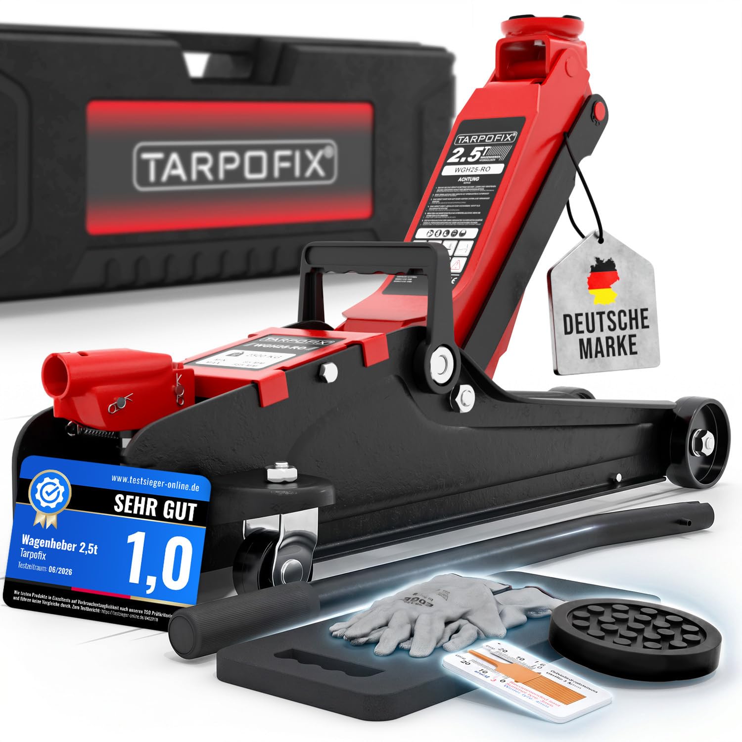 Tarpofix® Wagenheber 2,5t hydraulisch (85-380 mm Hubhöhe) | Premium-Komplettset Rangierwagenheber 2,5t mit Koffer | Hydraulischer Wagenheber flach für SUV & tiefergelegte Autos | Rot