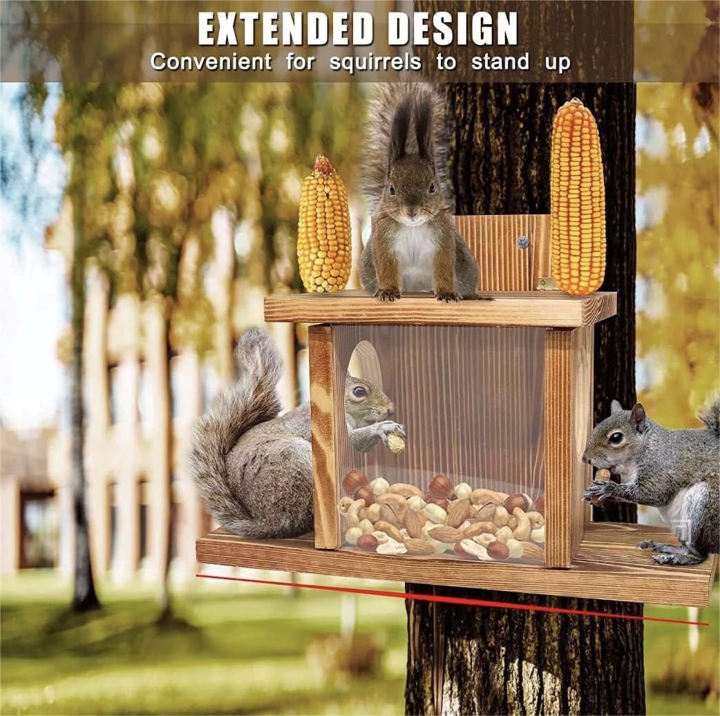 Carbonized Wood Squirrel Feeder Box for Outside with Large Tray, Acrylic Window & Corn Cob Holder, Wooden Hanging Squirrel Feeder for Peanuts, Tree Mount Outdoor Backyard Feeder, Weatherproof Design