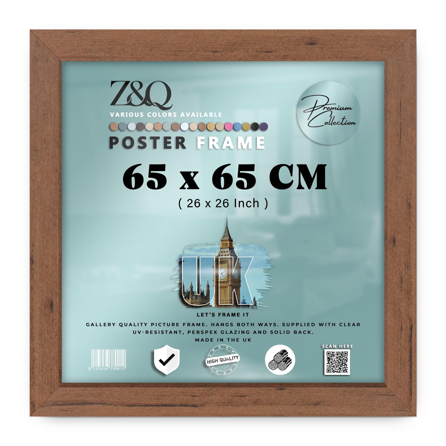 Z&Q | Luxury MDF Certificate Frame (65 x 65 CM) Wooden Texture, Sturdy Wall Art 26 Inch x 26 Inch Modern Gallery Style, 650 x 650 mm [ Walnut ]