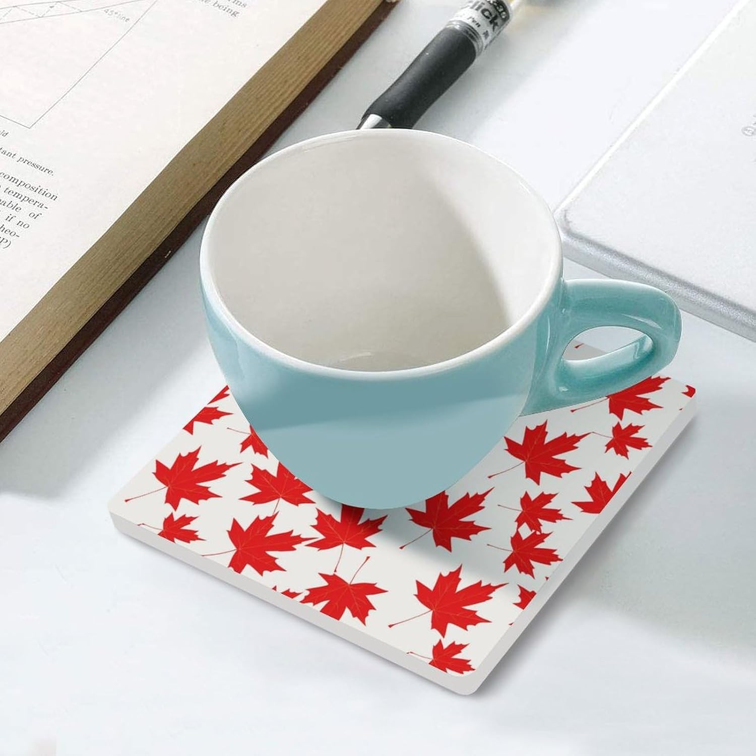 Canadian Maple Leaf Pattern Coaster for Drinks Square Ceramic Table Coasters Stone Mat Crafts 6PCS Home Kitchen Decor