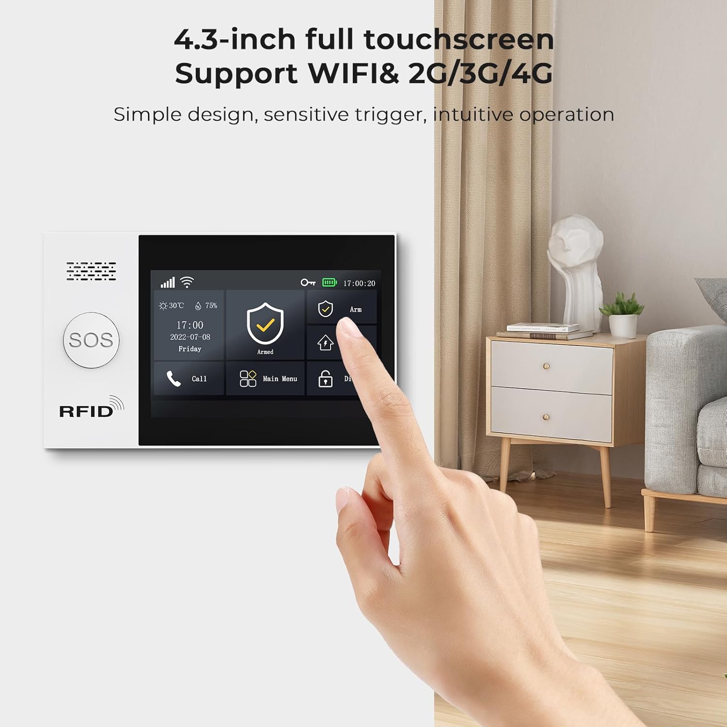 A hand interacting with the 4.3-inch full touchscreen of the alarm system.