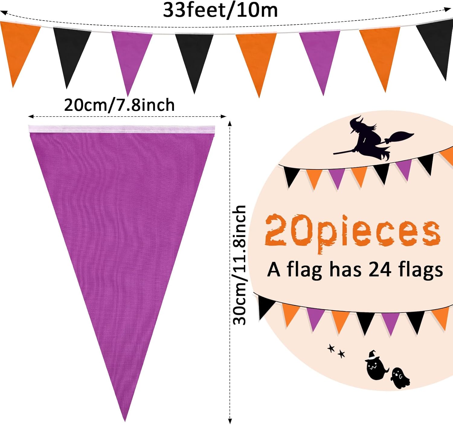 Tatuo 656 ft Halloween Pennant Banner 20 Pcs Purple Orange Black Triangle Flag Banner Fabric Bunting Halloween Party Hanging Decoration Flag Bunting Garland for Indoor Outdoor Wedding Garden Birthday