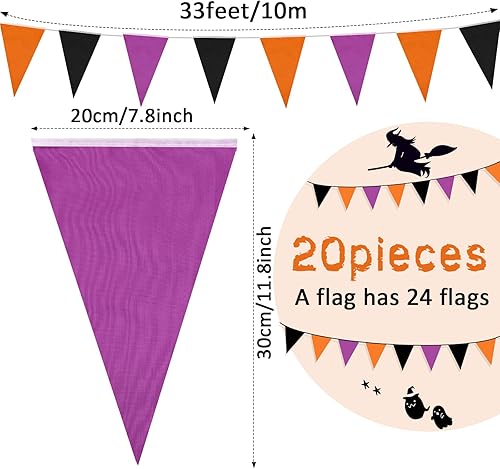 Miniatura 2 de Tatuo Banderín de Halloween de 656 pies, 20 unidades, bandera triangular, morado, naranja, negro, banderines de tela, banderines de tela para fiesta