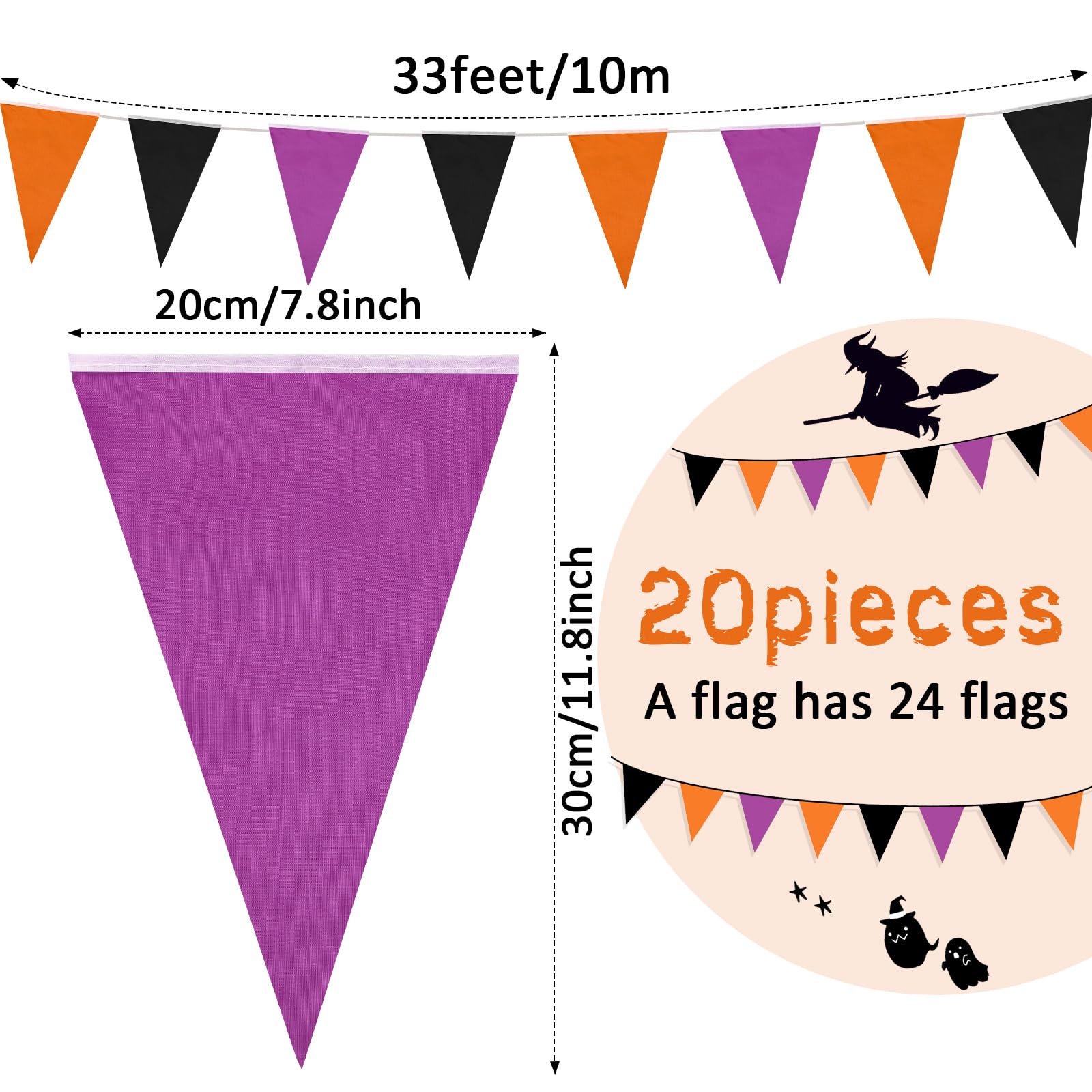 Tatuo 20 Banderines de Halloween de 200 m Total Banderas Triangulares de Negro Morado Naranja Pancartas de Tela Guirnaldas de Fiesta Banner Colgante para Interior Exterior Boda Jardín Cumpleaños