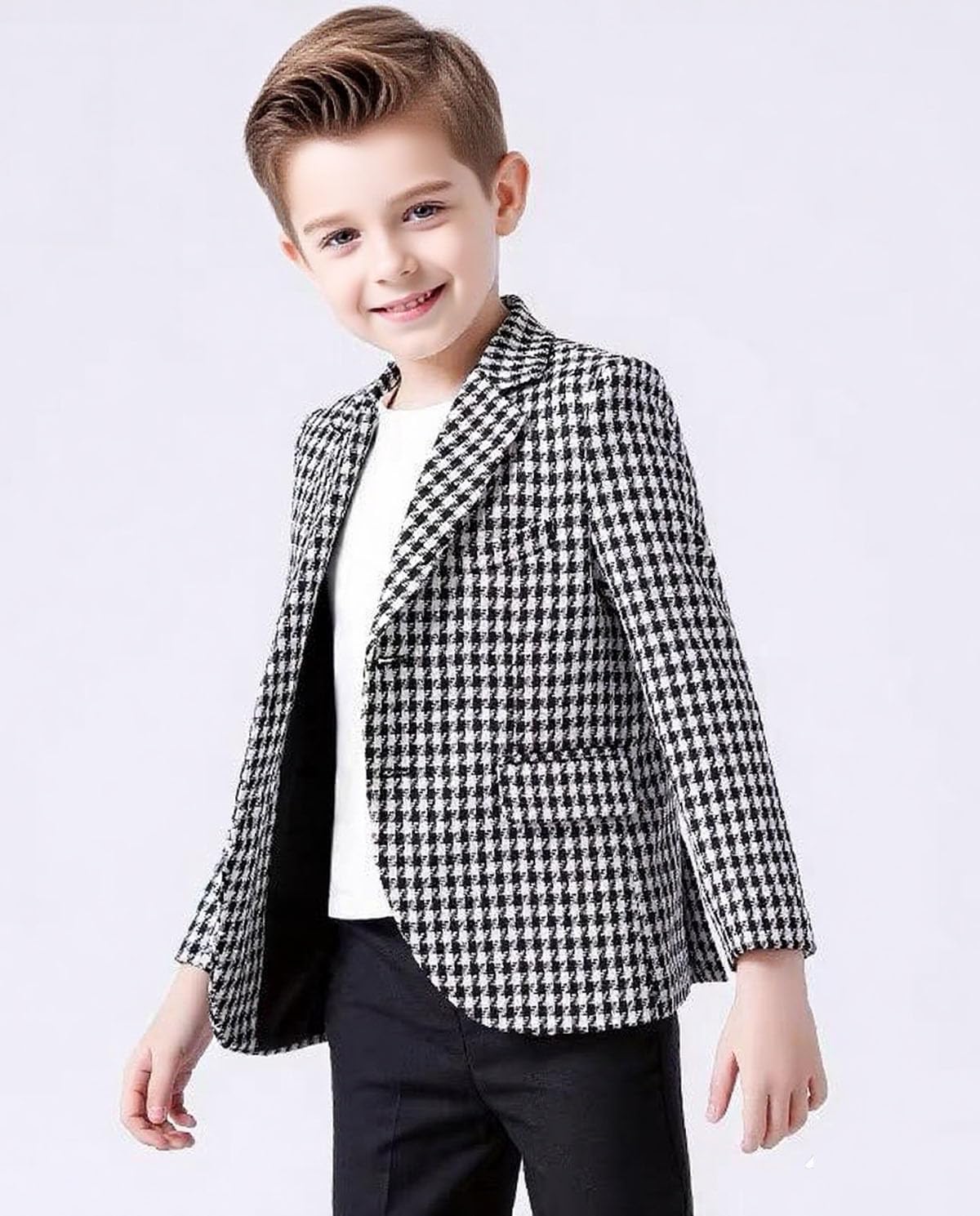 VENNYNG Boys Houndstooth Blazer Kids Spring Autumn Formal Tweed Jacket for Weddings Holidays Christmas Concert Dress Coat