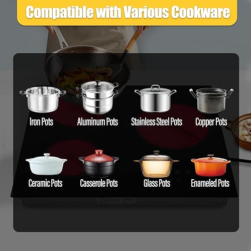 Miniatura 6 de Estufa eléctrica de 3 quemadores, 2600 W 110 V, estufa eléctrica integrada con 3 quemadores eléctricos, 9 niveles de calefacción y bloqueo de