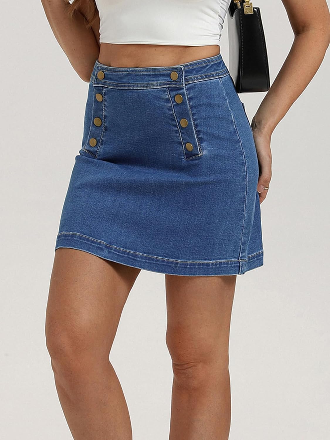 Belle Poque Denim Mini Skirt High Waisted Button-Front Sailor Jean Skirts for Women with Back Patch Pockets