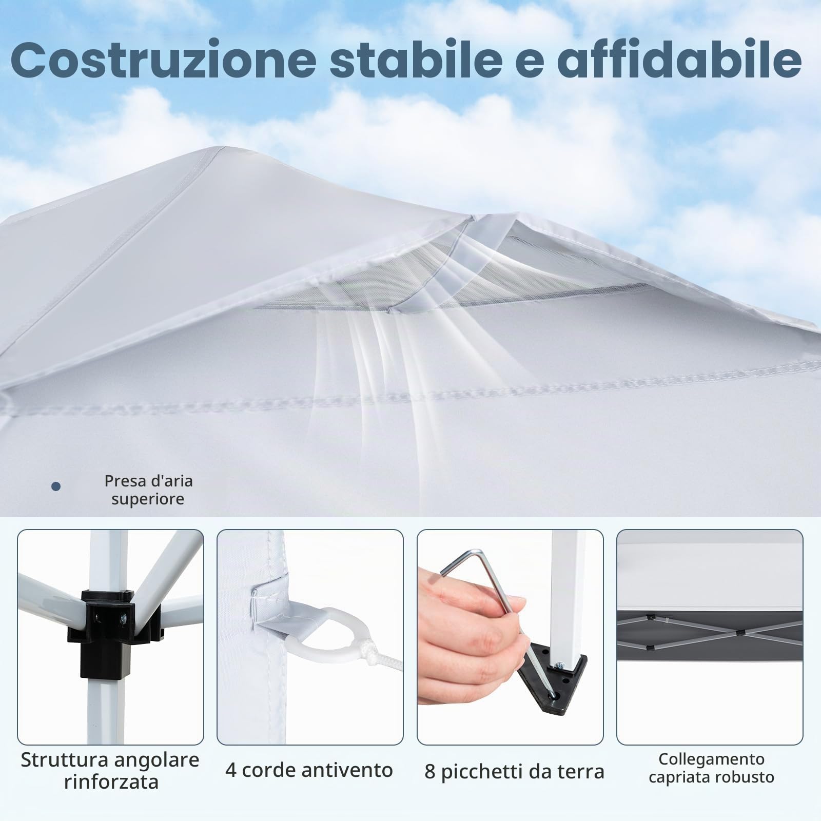 HOMASIS Gazebo Pieghevole 3 x 3 m con Protezione UV 50+, Altezza Regolabile, 1 Blocco Centrale, Borsa per il Trasporto, Padiglione da Giardino per Festa (Bianco)