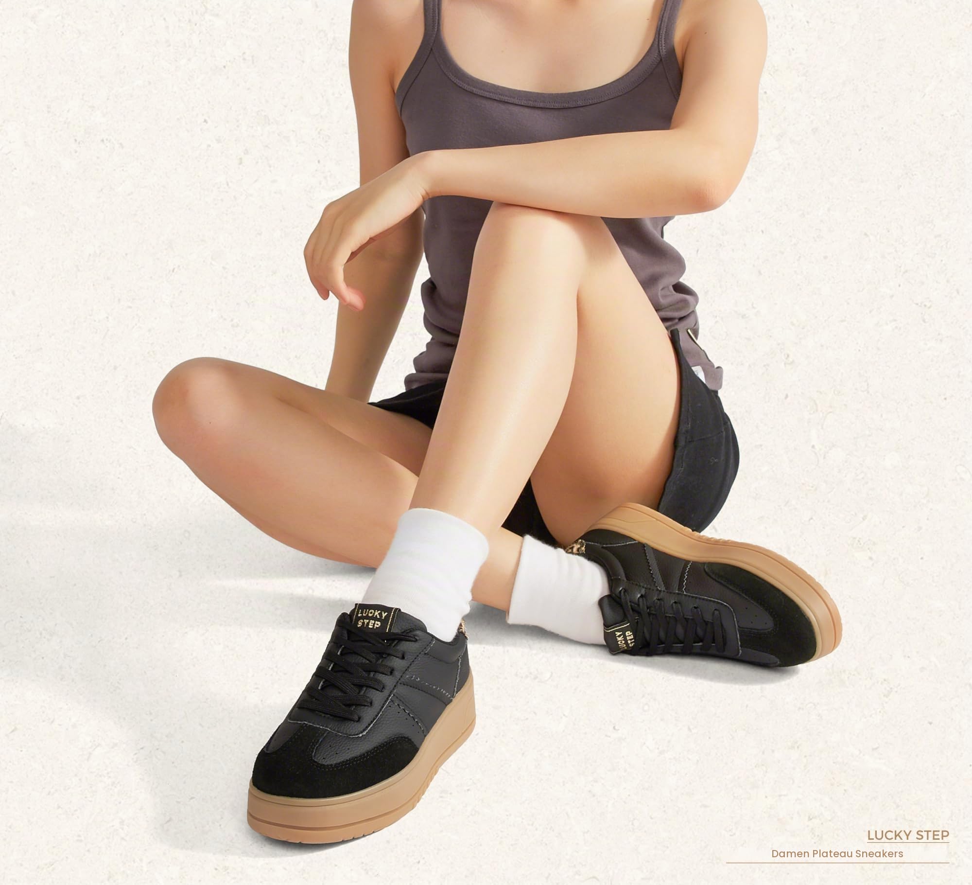 LUCKY STEP Damen Plateau-Sneakers mit Schnürung | Bequeme Freizeitschuhe mit Dicker Gummisohle aus Kunstleder | Low-Top Design für Stadt, Alltag & Sport