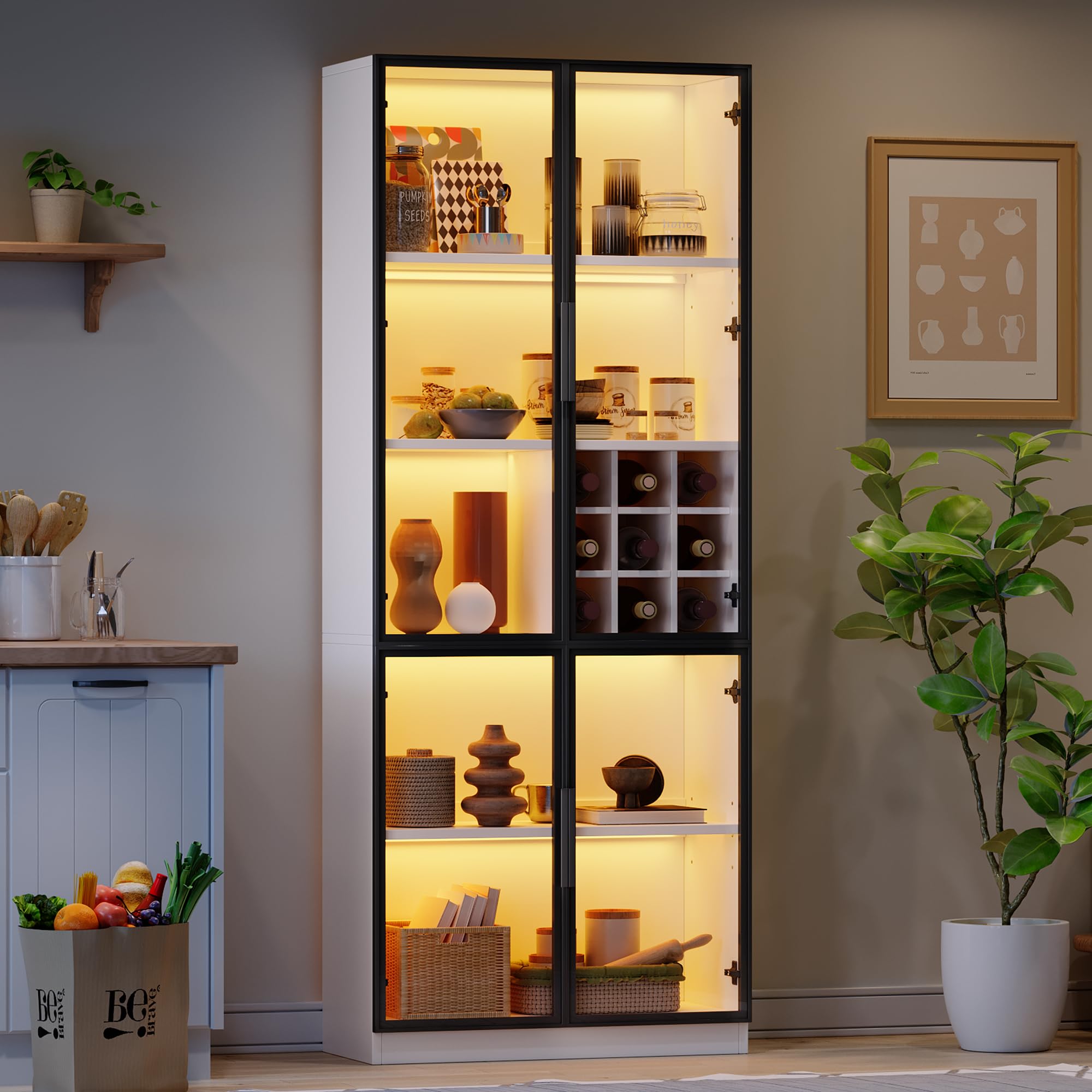 Kebnor Vetrina in Vetro con LED, Armadio Alto, Libreria, Vetrina per Vino, Elegante Credenza con Doppie Porte, Scaffale in Vetro e Supporto per Vino, 80 x 35 x 200 cm, Bianco