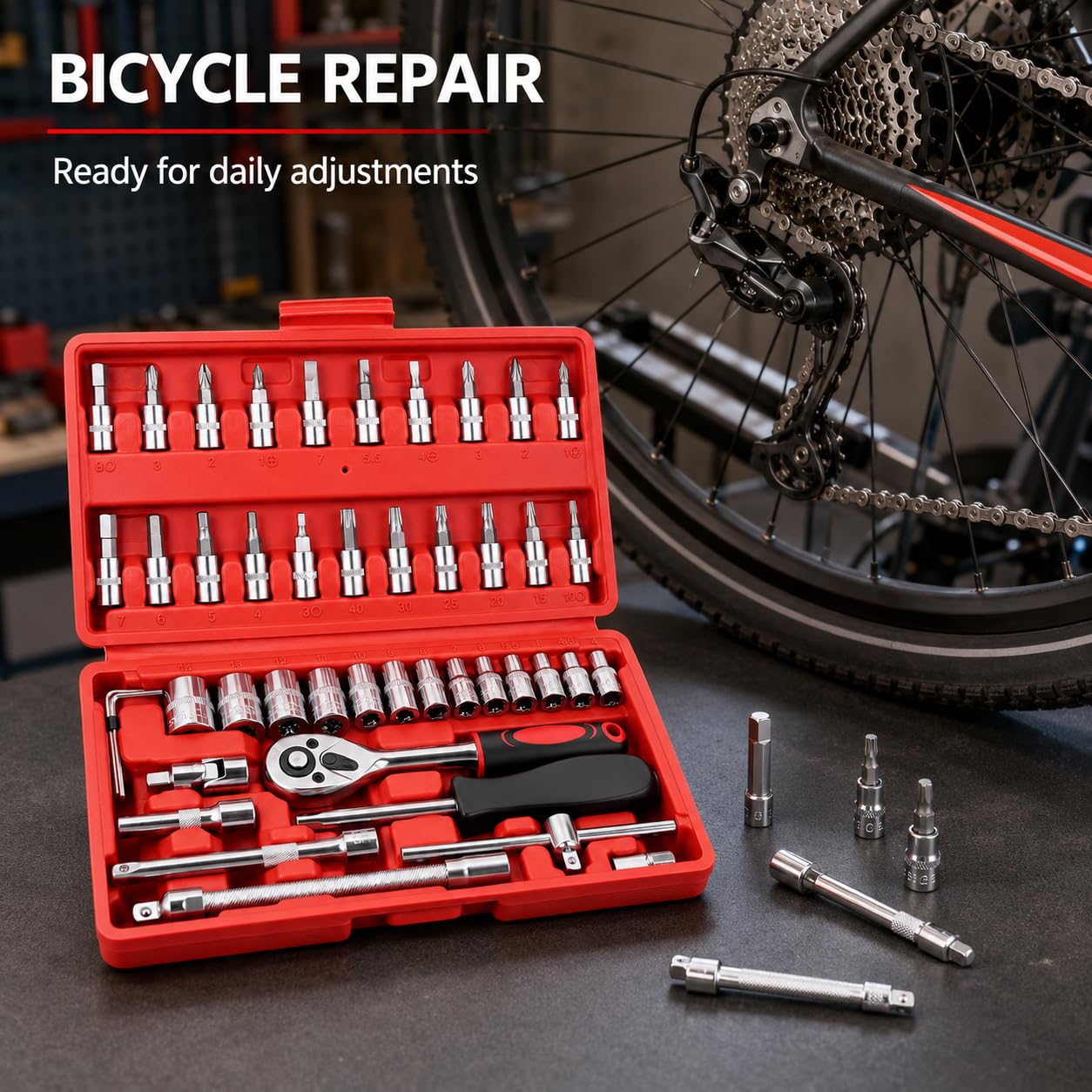 Juego de Llaves de Vaso para TVS Phoenix 125 2012-2016 | 46 Piezas Herramientas Completa | Universal Reparación de Coche Moto Bicicletas | Carracas de Liberación Rápida