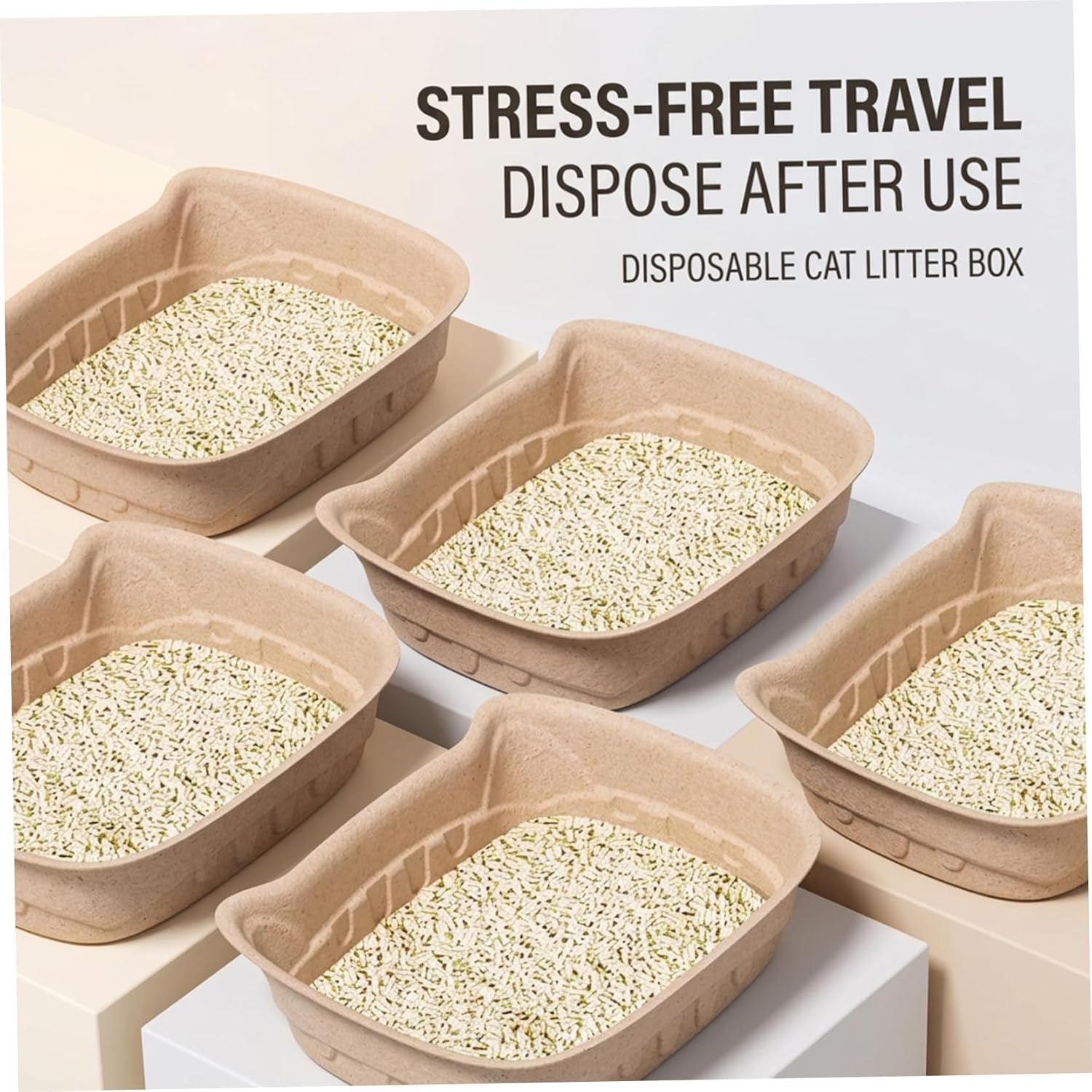 Disposable Travel Litter Box 5 Pack Eco-Friendly Pulp – Portable Leak-Resistant Cat Boxes for Convenient Use