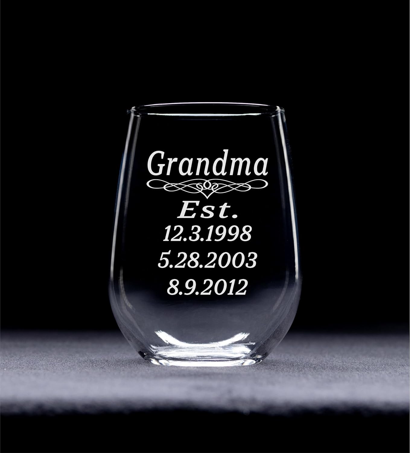 C M Grandma Established with Dates 17 oz Custom Stemless Wine Glass - Personalized Grandma Gift for Women (up to 3 Dates)