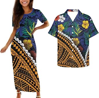 Samoa Couple Outfit Polynesian Dress for Women Traditional Puletasi Shirts for Men Beach Lava Lava Luau
