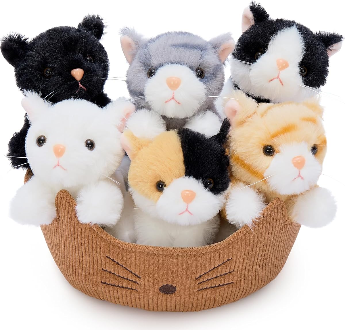 Tezituor Juego de 6 animales de peluche para gatos con cesta de felpa, lindos juguetes de peluche para gatitos, mini peluches suaves con cama para gatos, animales de peluche para niños, regalos de cumpleaños, regalos de fiesta, amantes de los gatos