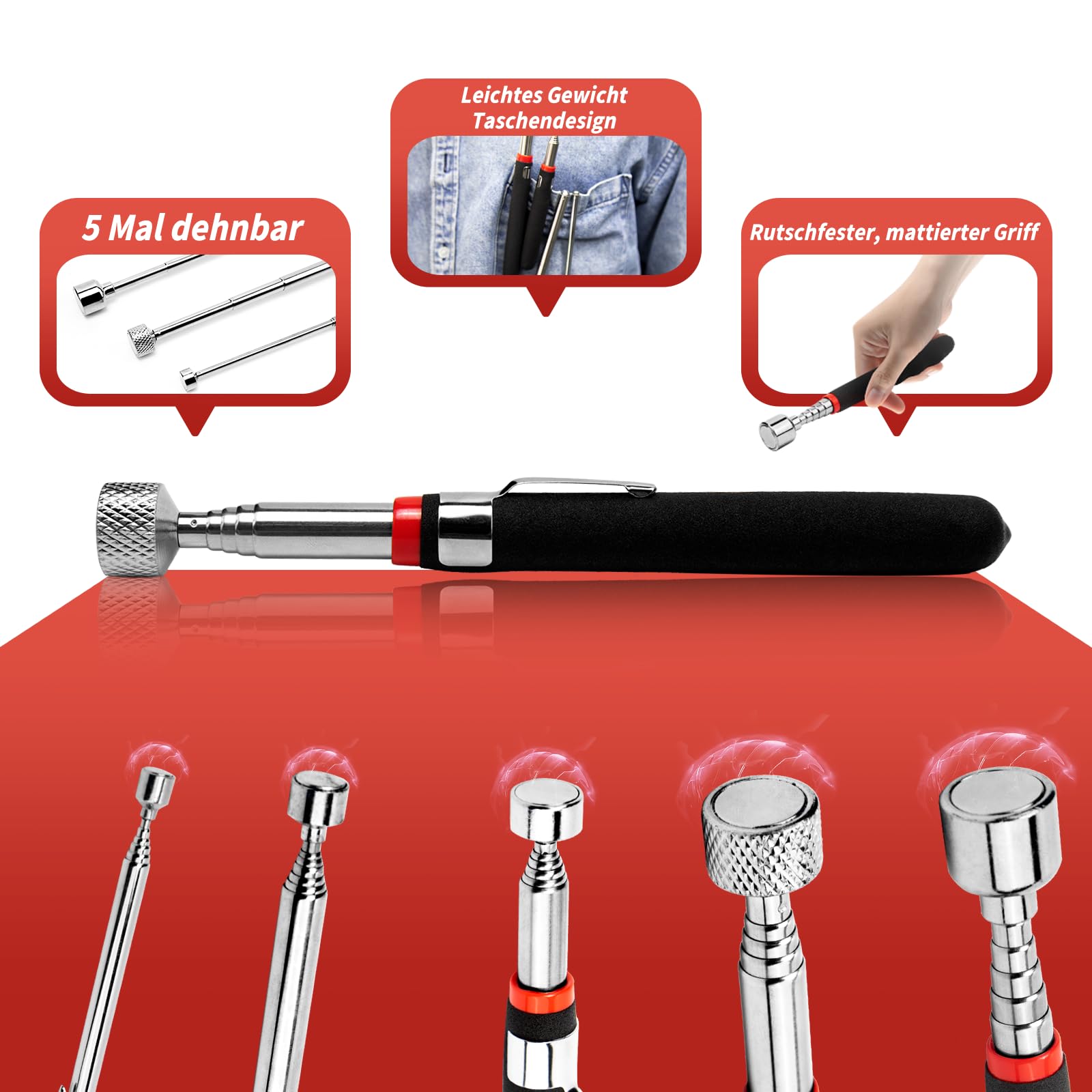 Kit De 5 Varillas Magnéticas Telescópicas - Para Recoger Objetos, Imanes De 1.5 A 20 Lb, Acero Resistente