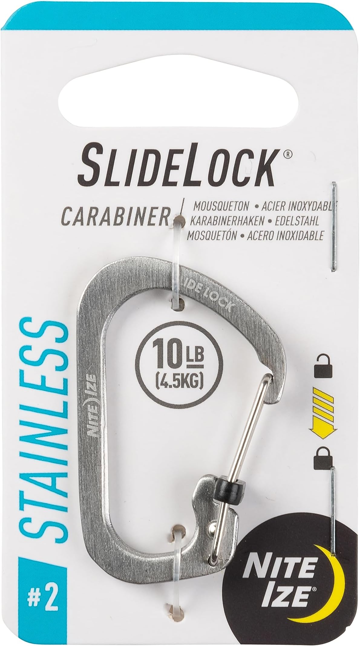 Locking Carabiner Clip, Silver, 1-3/32 in., Stainless