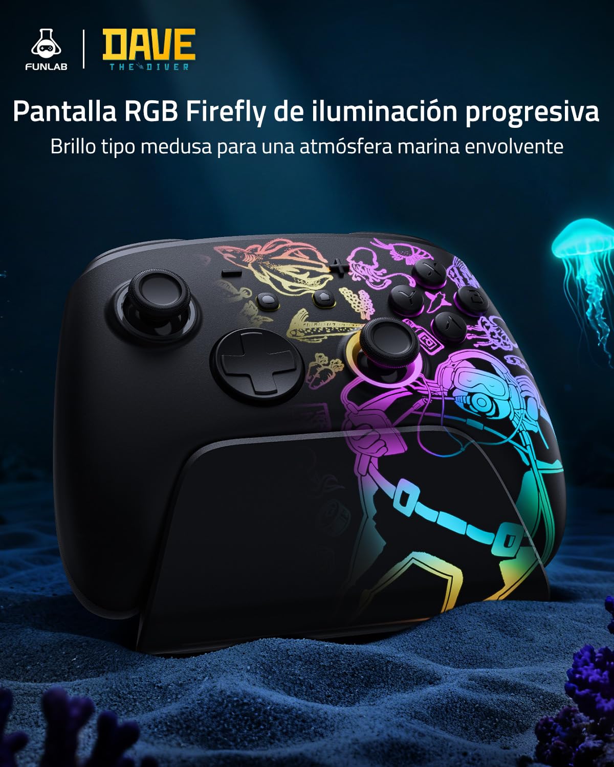 FUNLAB Mando Switch 2 Pro con Base de Carga para Switch /1/OLED/LITE, Licencia Oficial Dave the Diver FF05A-04, Efecto Hall, RGB Reactivo