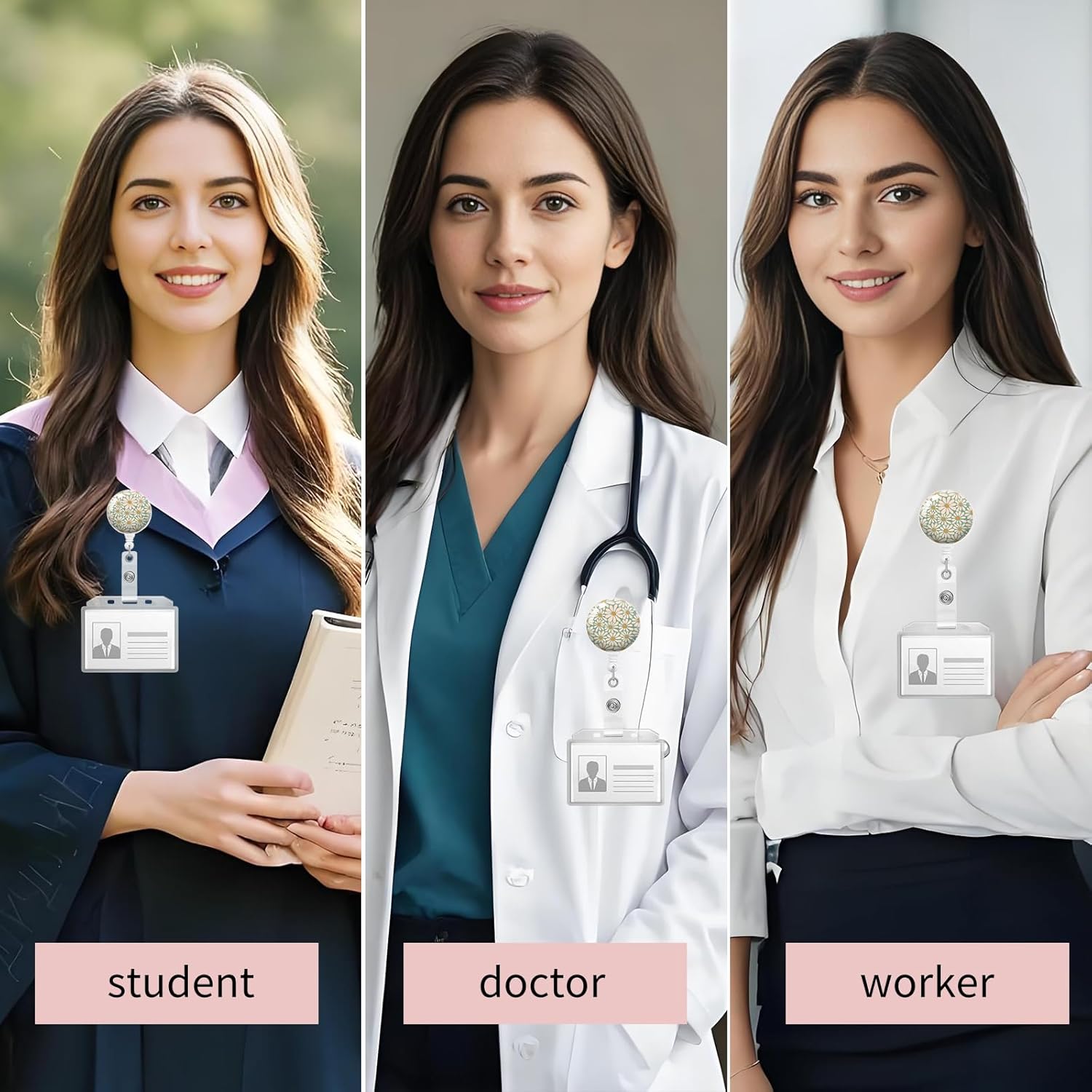 2 Pack Retractable Badge Holders with Clip, Cute ID Card Reels for Nurse, Doctor, Office Worker, Teacher(Green Floral) - Image 2